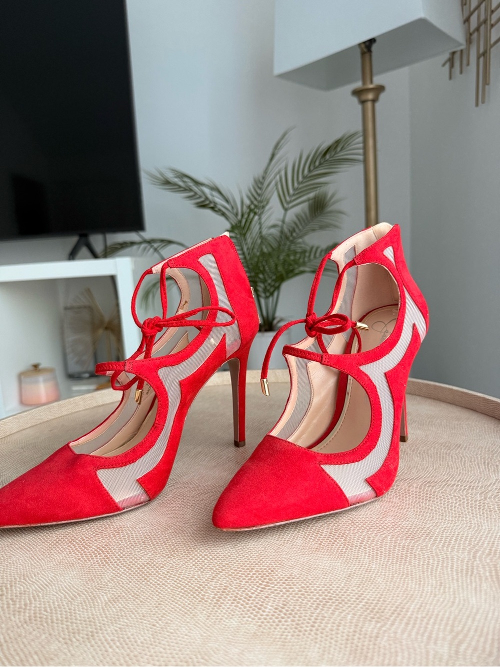 Red Suede Lace-Up Pointed-Toe Stiletto Heels